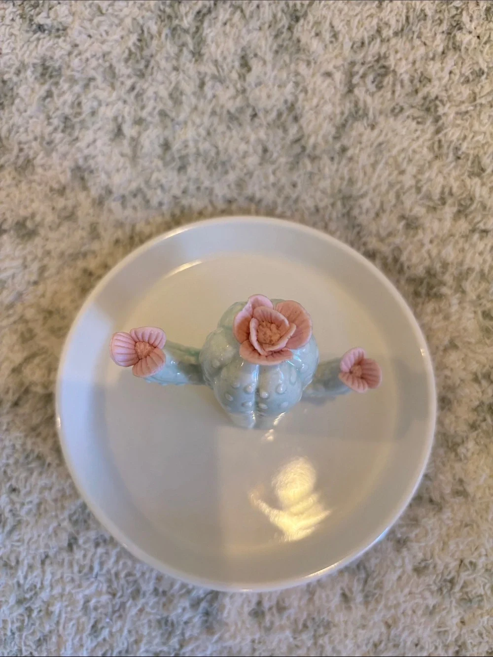 Pretty Mint Cactus Pink Flowers Ceramic Trinket Jewelry Dish NWT 5.5”